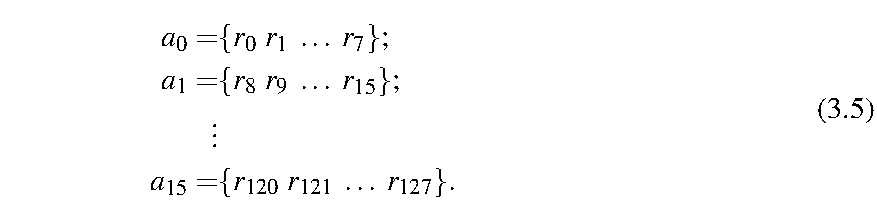 a₀ = {r₀ r₁ … r₇}; a₁ = {r₈ r₉ … r₁₅}; …; a₁₅ = {r₁₂₀ r₁₂₁ … r₁₂₇}. (3.5)