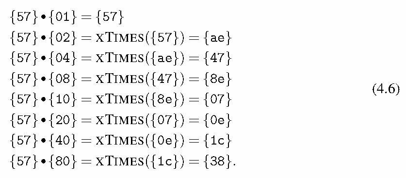 Примеры умножения {57} на {01}, {02}, {04}, {08}, {10}, {20}, {40} и {80}. (4.6)